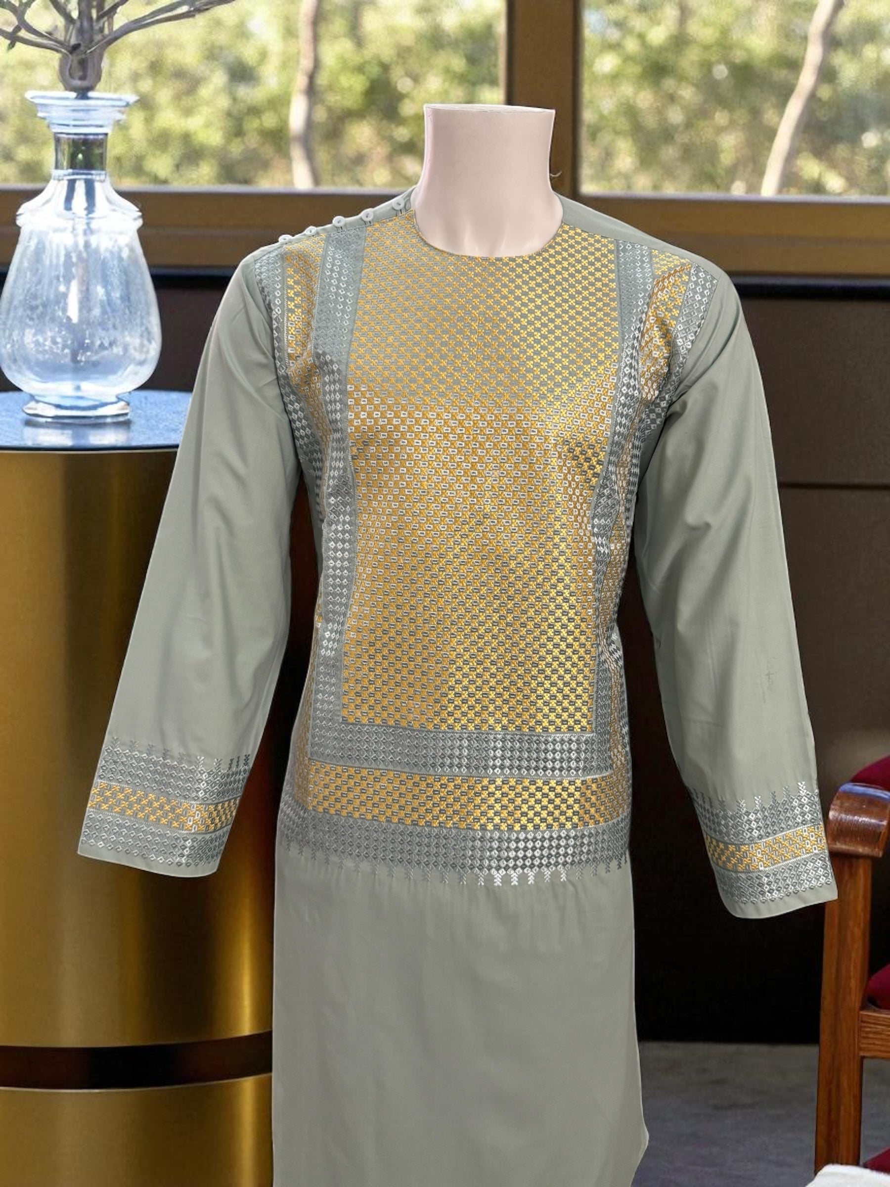 Men’s Sage Green Kameez with Gold and Silver Geometric Machine Embroidery | Large Size