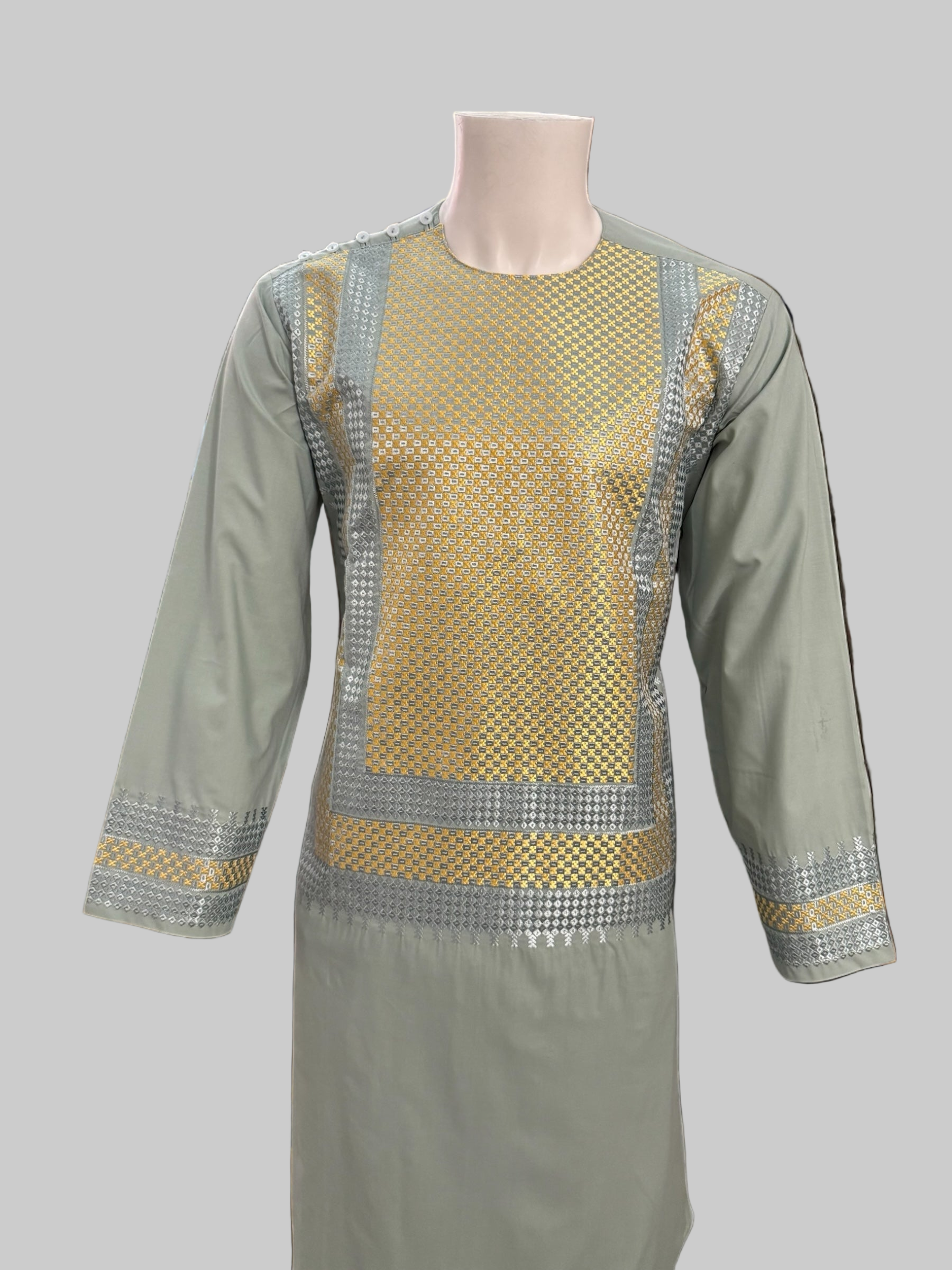 Men’s Sage Green Kameez with Gold and Silver Geometric Machine Embroidery | Large Size