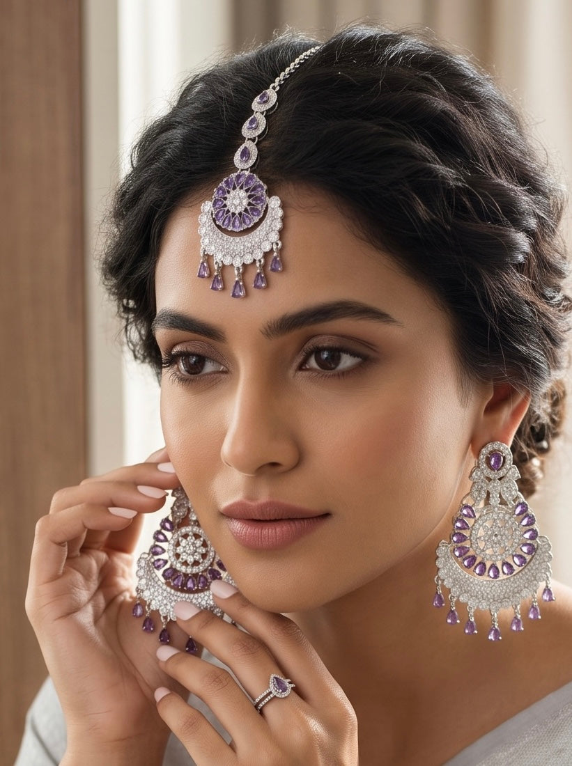 Indian Pakistani Afghan American Diamond Earrings with Maang Tikka Set | Bridal Chandbali Earrings | Wedding Jewelry Gift | 6 Color Options