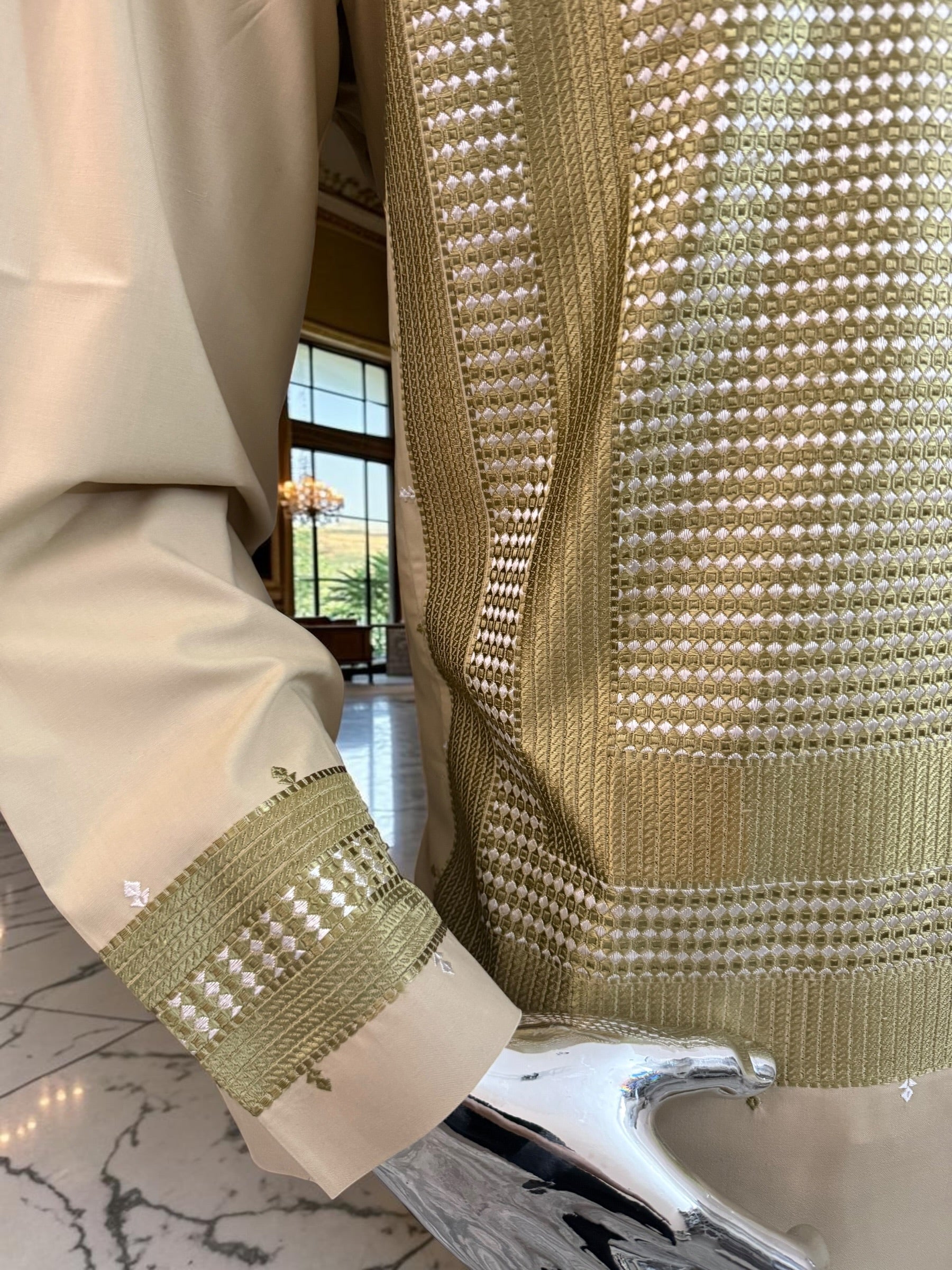 Large Men’s Tan Parahan Tunban with Green & White Machine Embroidery – Premium Afghan Outfit