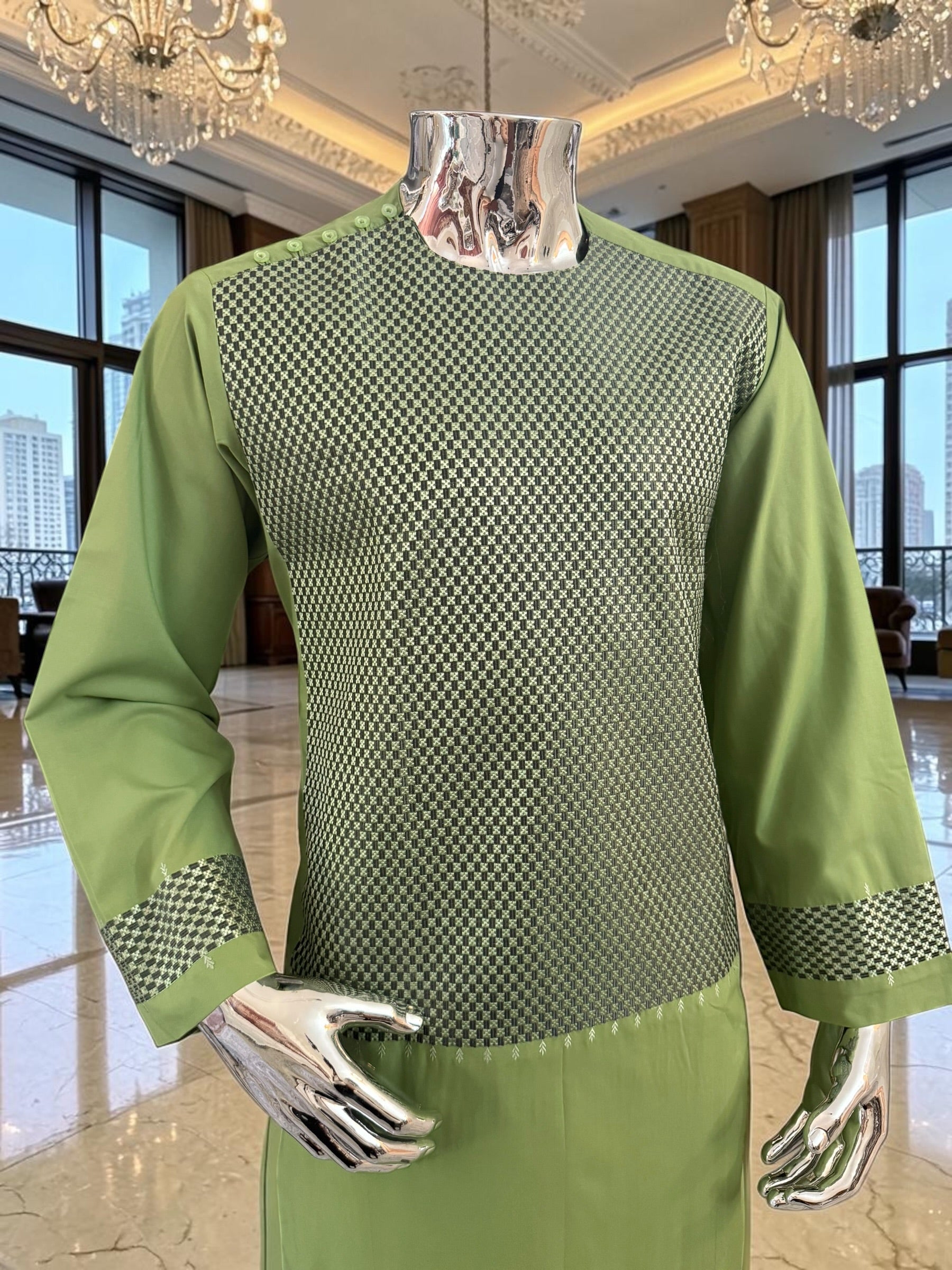 Medium Afghan Parahan Tunban Kameese Shalwar Green Machine Embroidery