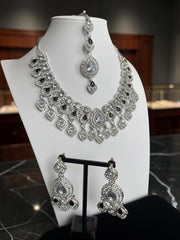 Silver Tone Bridal Jewelry Set with Clear & Black Crystal Accents – Necklace, Earrings & Maang Tikka | Indian Pakistani Afghan Wedding Jewelry | Gift Box Included 6025