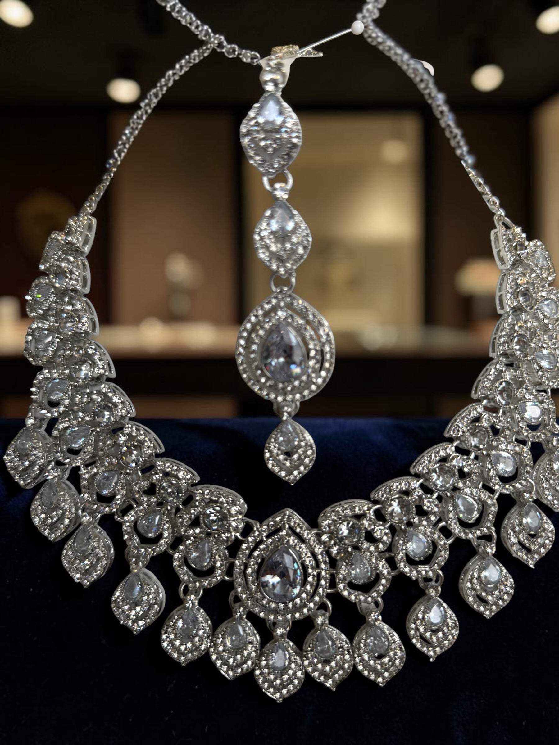 Luxury Silver Tone Clear Crystal Bridal Jewelry Set | Statement Necklace, Earrings & Maang Tikka | Wedding Jewelry with Black Gift Box 6024