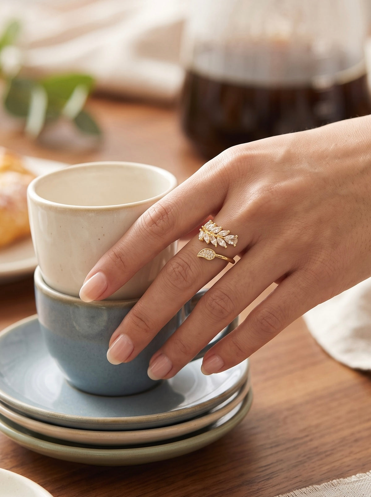 Gold Plated Leaf Wrap Ring for Women – Adjustable Zircon Marquise Stone Open Band Statement Ring 6078