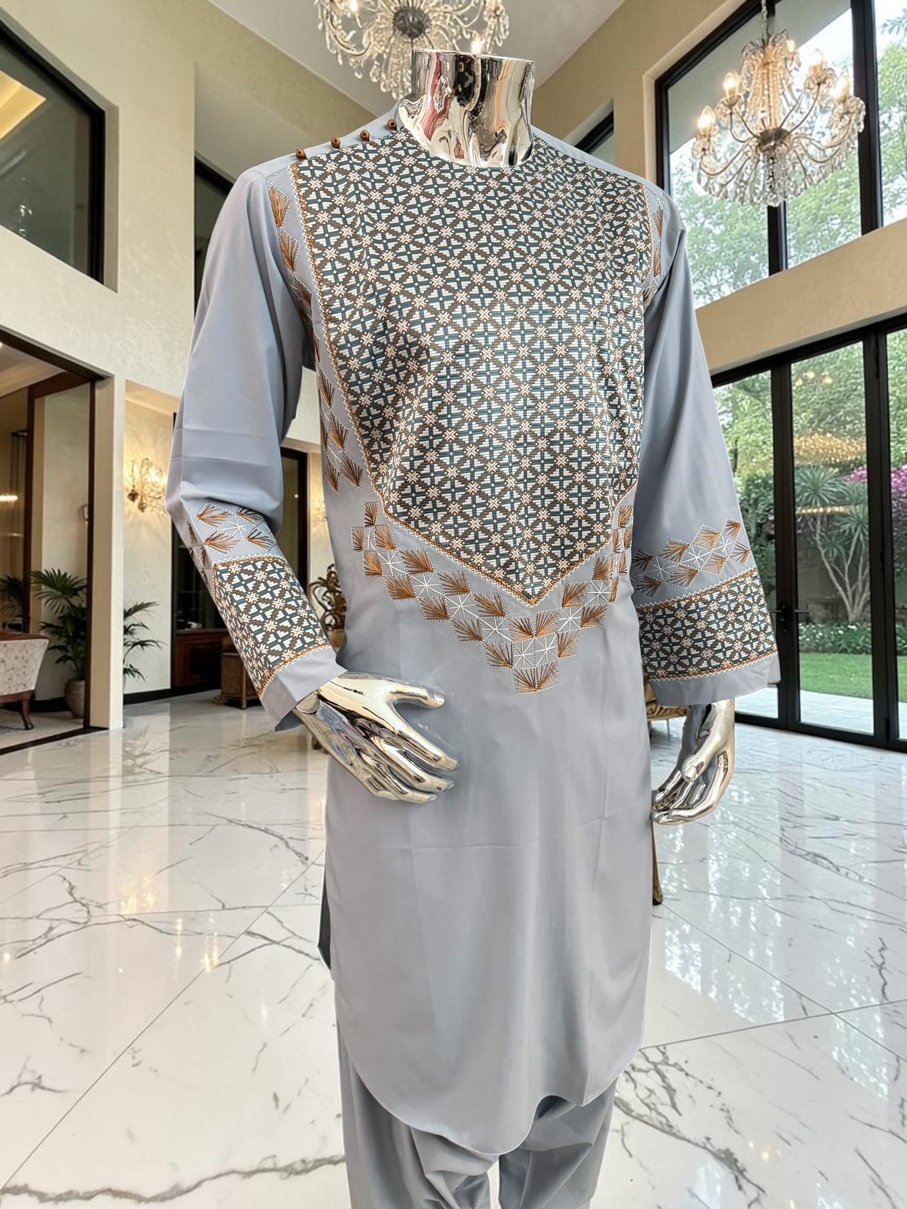 Medium Silver Gray Hand Embroidered Afghan Parahan Tunban Set with Matching Chadder