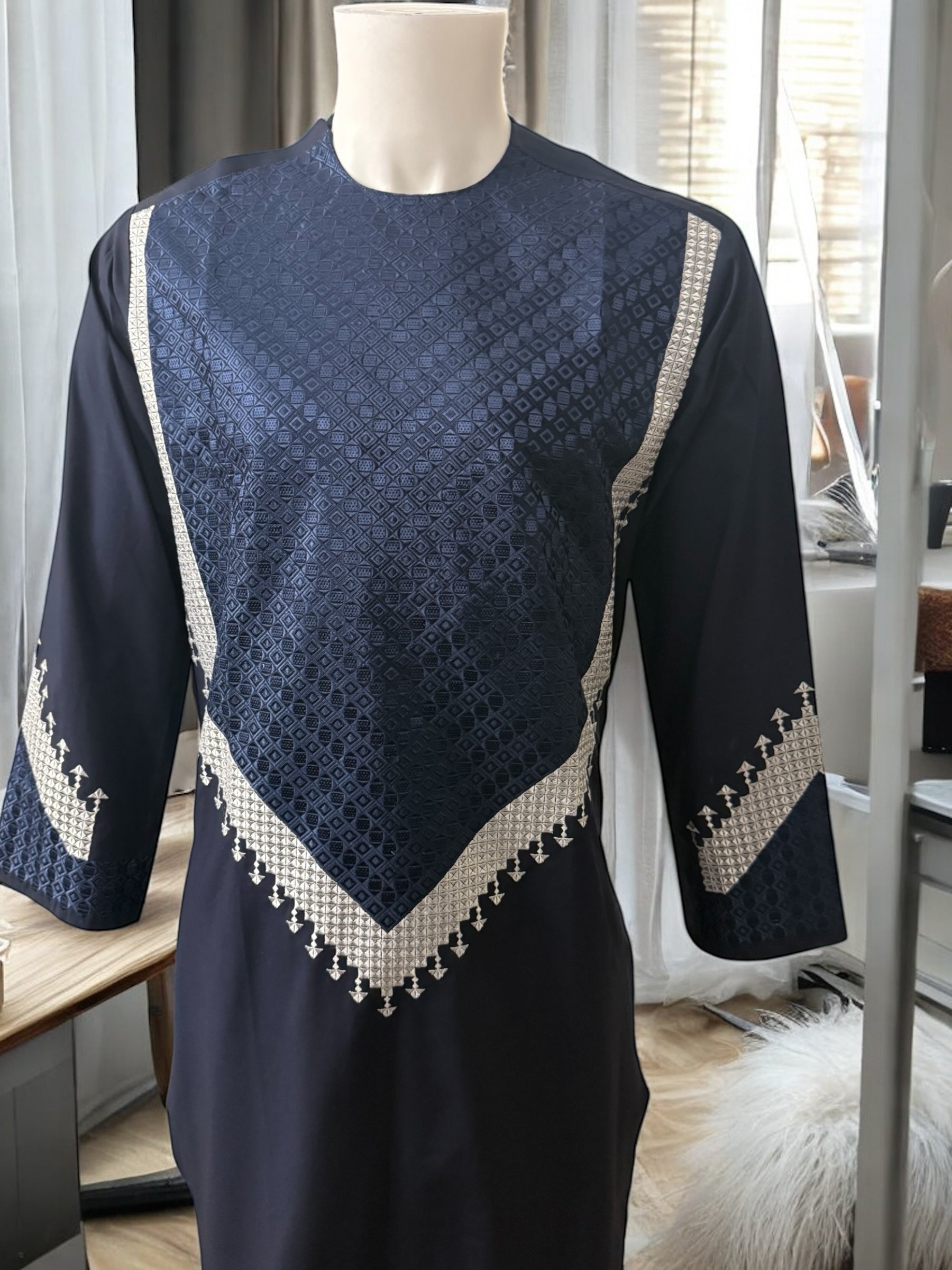 Men’s Navy Blue Parahan Tumban with Beige Embroidery Small
