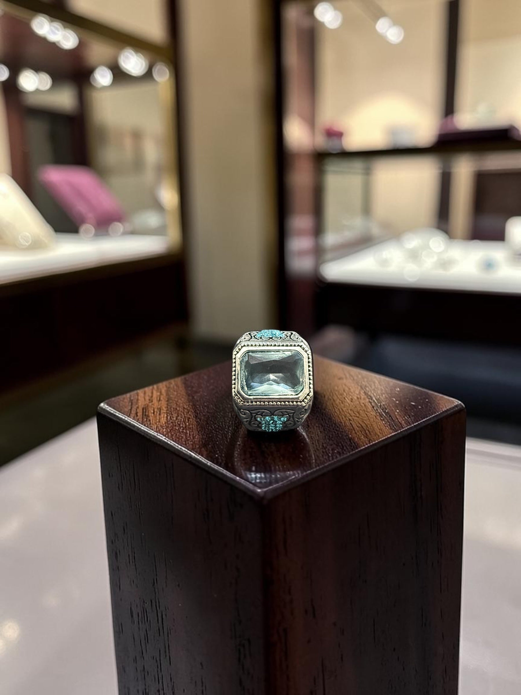 Men’s Vintage Light Blue Zircon Signet Ring – Turkish Inspired Silver Tone Carved Statement Ring | Antique Style Cocktail Ring A5