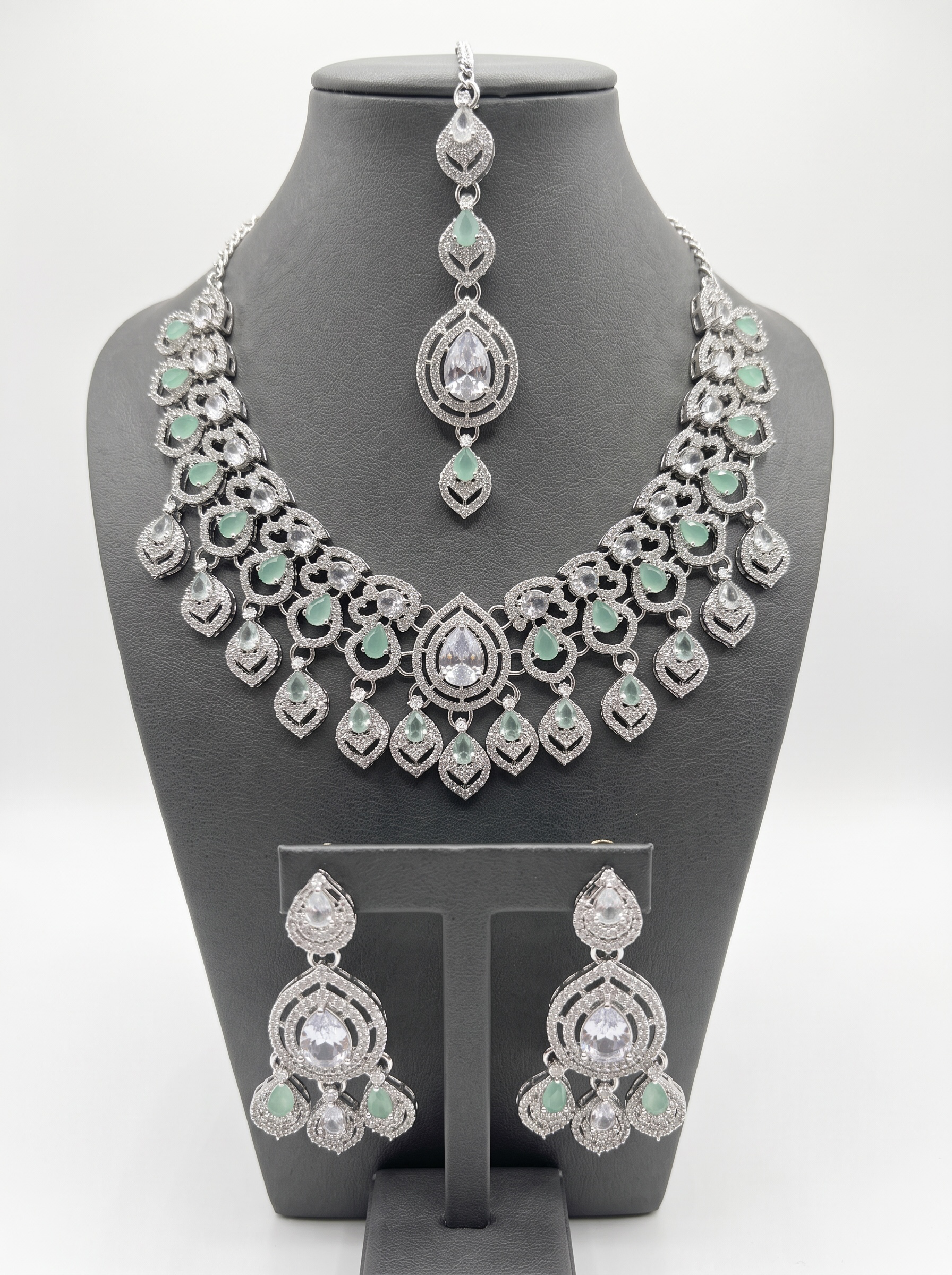 American Diamond Necklace, Earrings & Maang Tikka Jewelry Set – 7 Colors