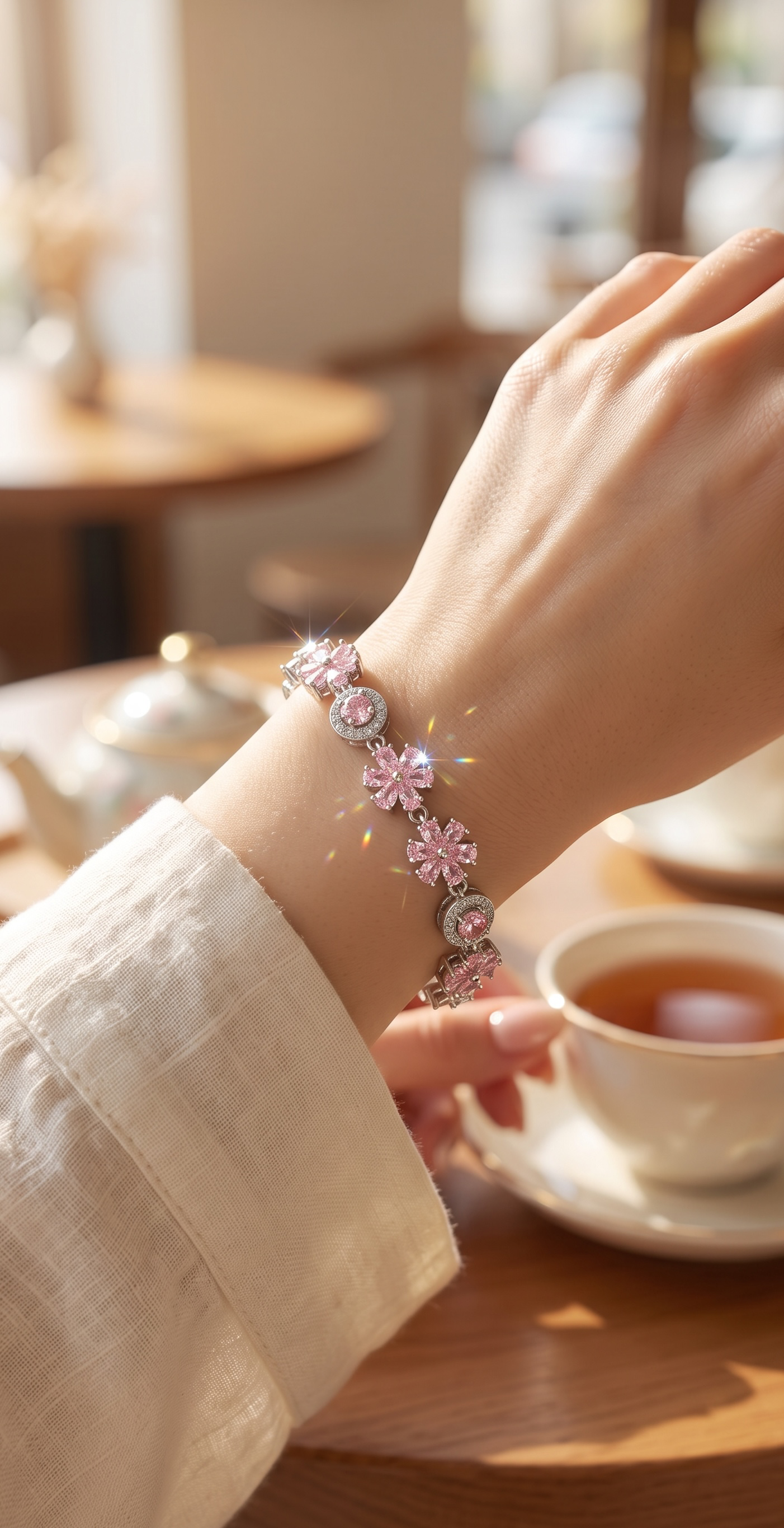 Pink Floral Crystal Link Bracelet – Silver-Tone Flower & Halo Statement Bracelet for Women 7123