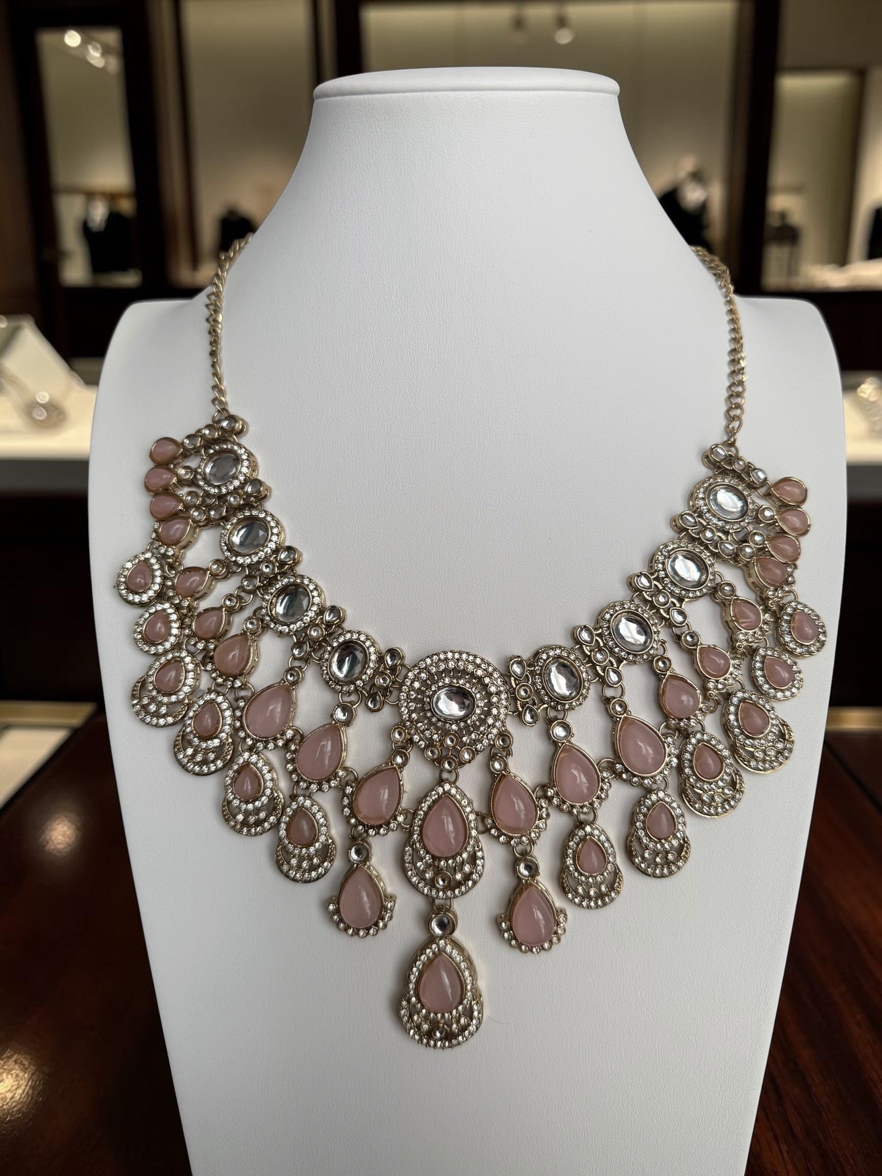 Blush Pink Kundan Half Bridal Jewelry Set – 6-Piece Necklace, Earrings, Sheeshphool, Nath & Adjustable Rings 6058