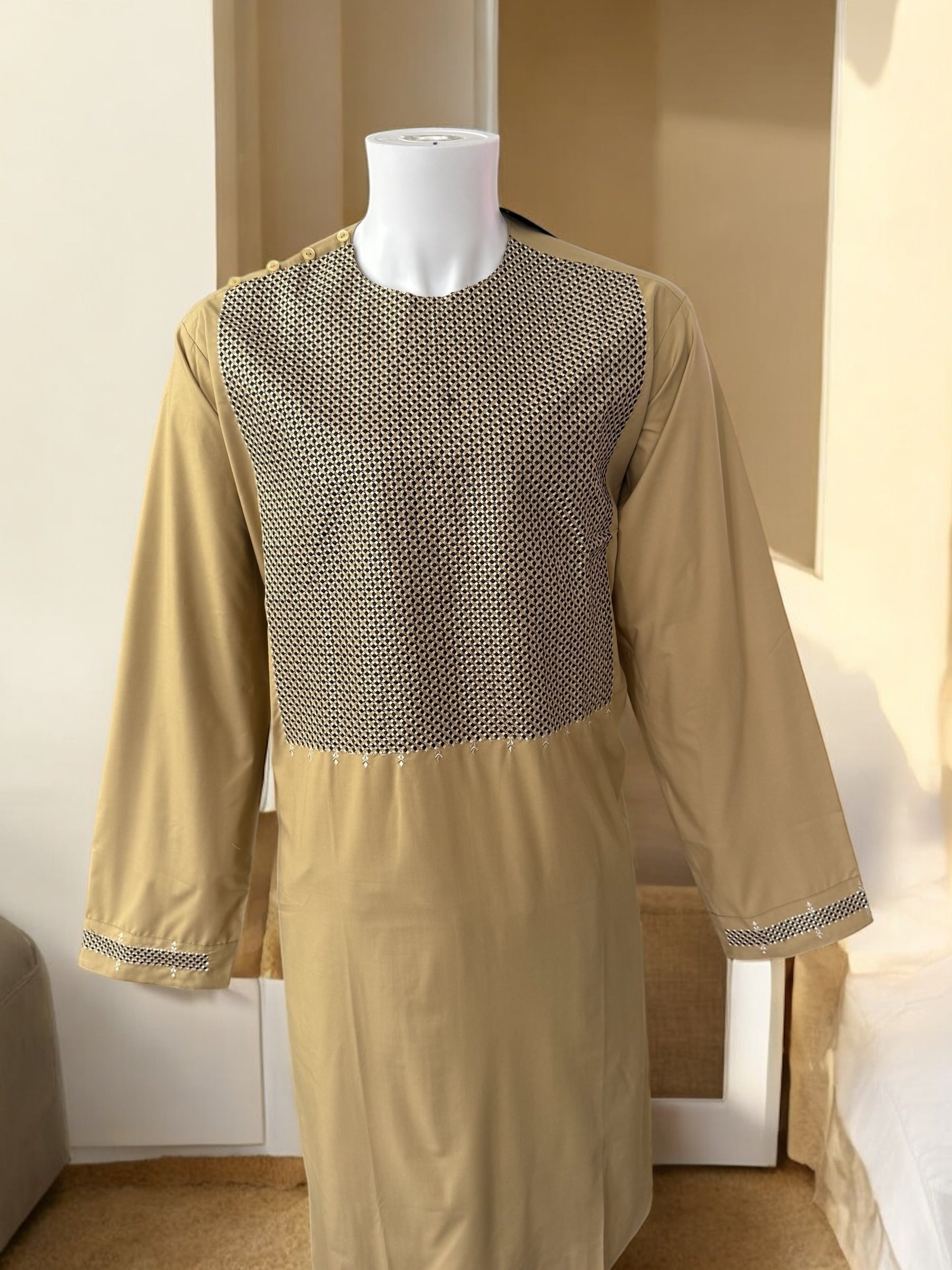 Afghan Parahan Tunban for Men – Beige Gold, XL (Defected Embroidery)