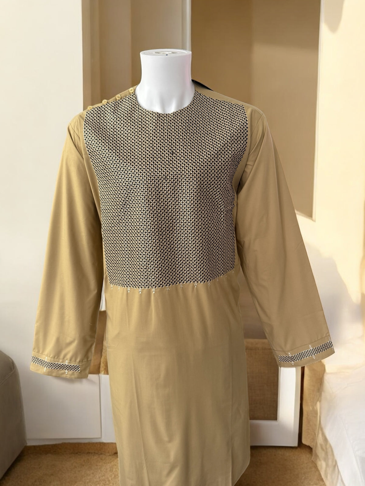 Afghan Parahan Tunban for Men – Beige Gold, XL (Defected Embroidery)