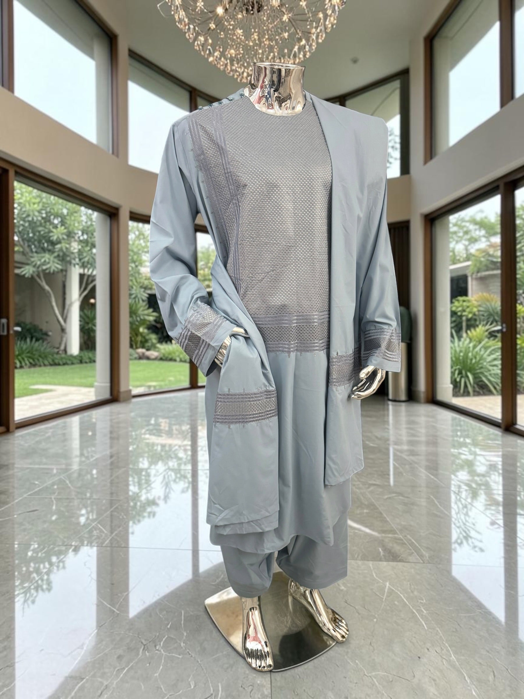 Men’s Blue Gray Embroidered Afghan Parahan Tunban with Matching Shawl – XXL