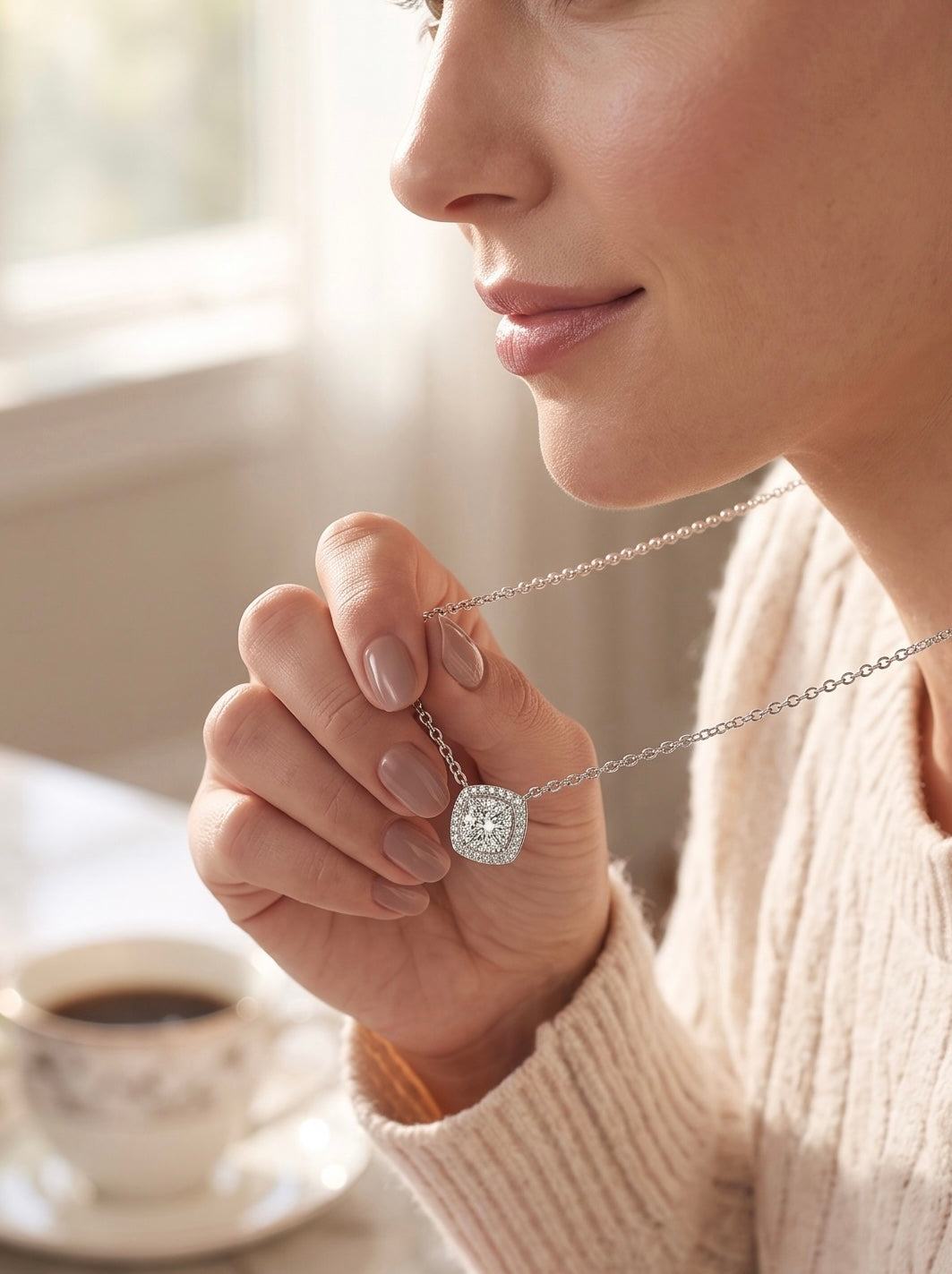 Cushion Halo Moissanite Necklace for Women – Round Moissanite Pendant, GRA Certified, High-Quality Brass, Gift Box Included 7058
