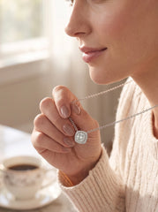 Cushion Halo Moissanite Necklace for Women – Round Moissanite Pendant, GRA Certified, High-Quality Brass, Gift Box Included 7058