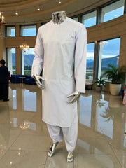 Medium White Afghan Parahan Tumban – Machine-Stitched Embroidered Traditional Men’s Outfit