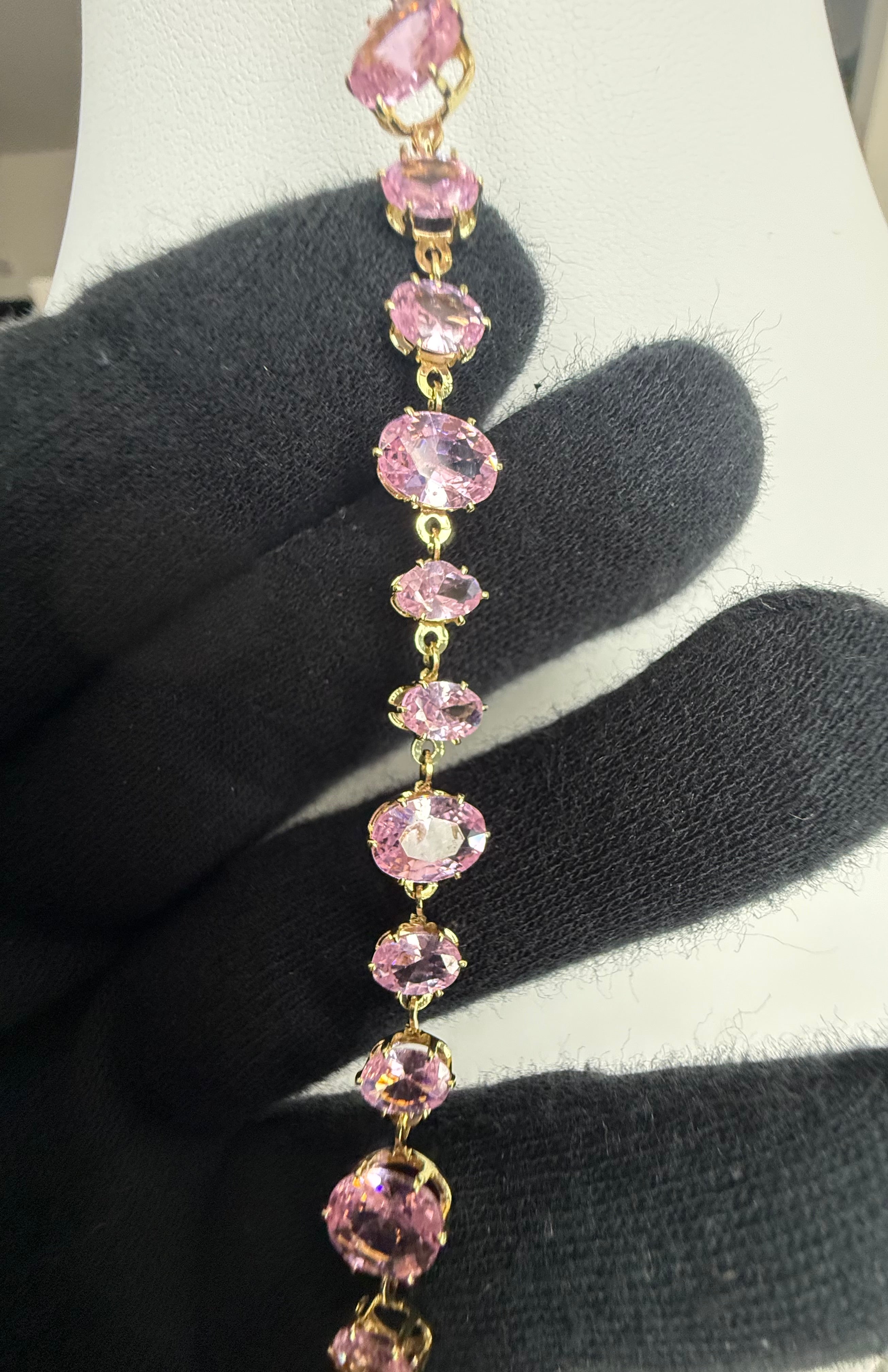 Pink Oval-Cut Crystal Tennis Bracelet – Gold Tone Adjustable Statement Bracelet 7142
