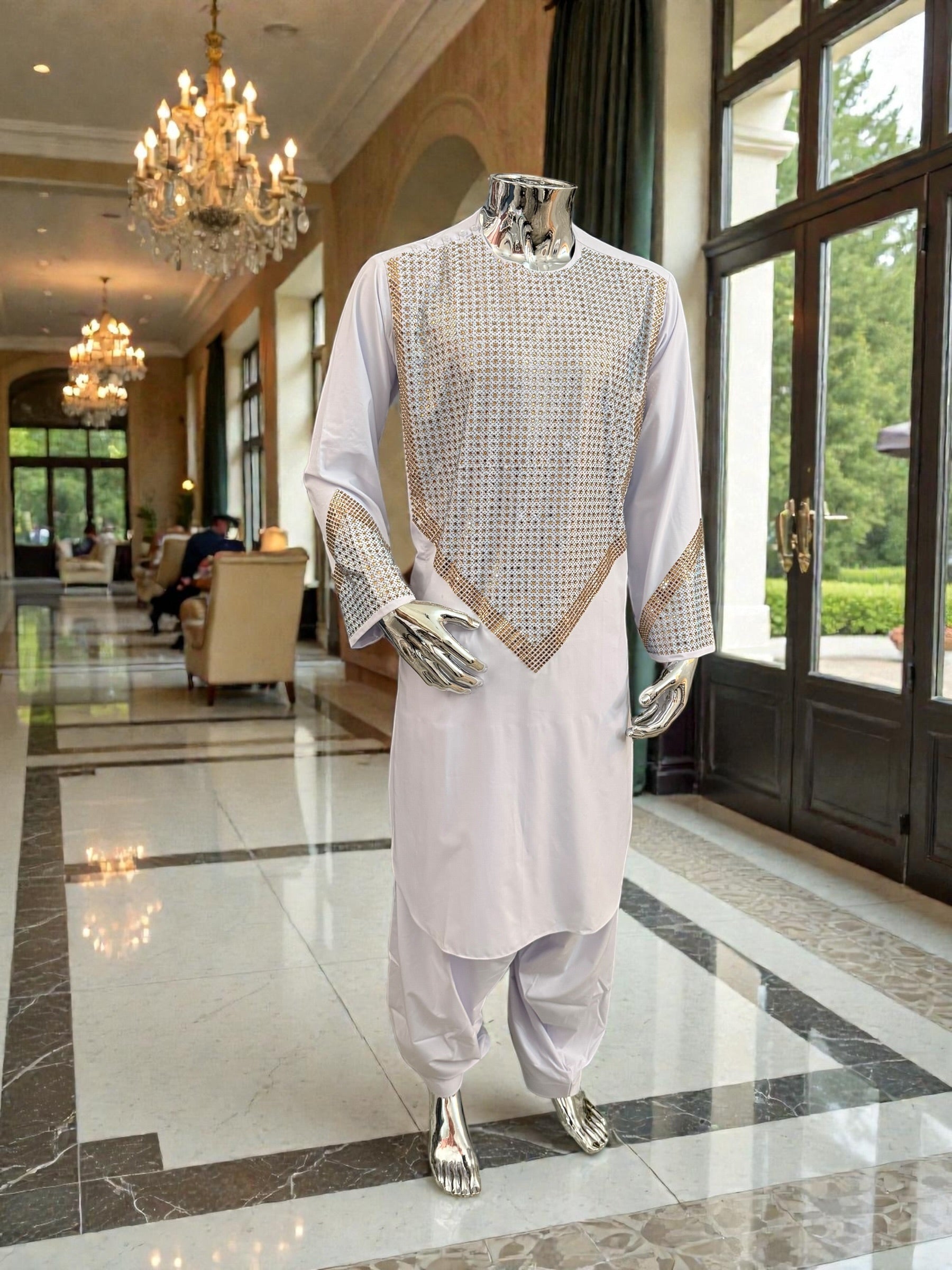 Men’s White Shesha Parahan Tunban Luxury Afghan Outfit with Matching Shawl | Luqmaan Boutique Collection Small