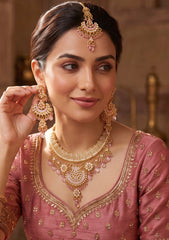 Pink Indian Pakistani Afghan Bridal Jewelry Set with Earrings & Maang Tikka | Gold Tone Crystal Rhinestone Necklace Set | Gift Box Included 7012