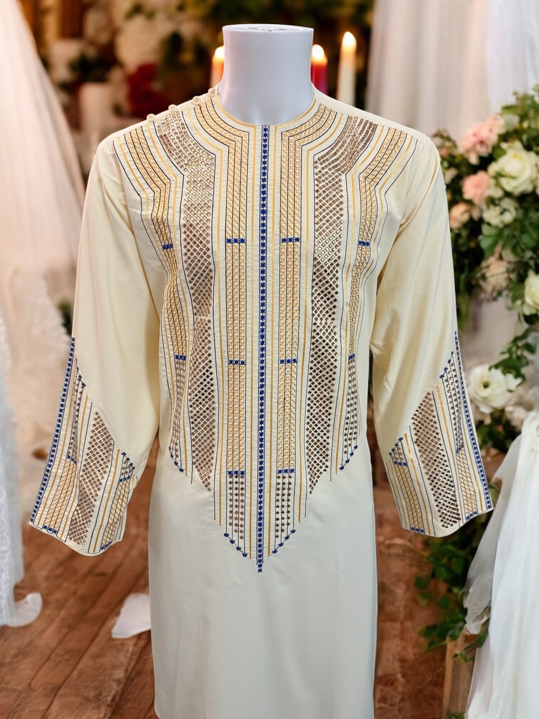 Afghan Parahan Tunban for Men Ivory Gold and Blue Shesha Mirror Work Machine Embroidered Large 2