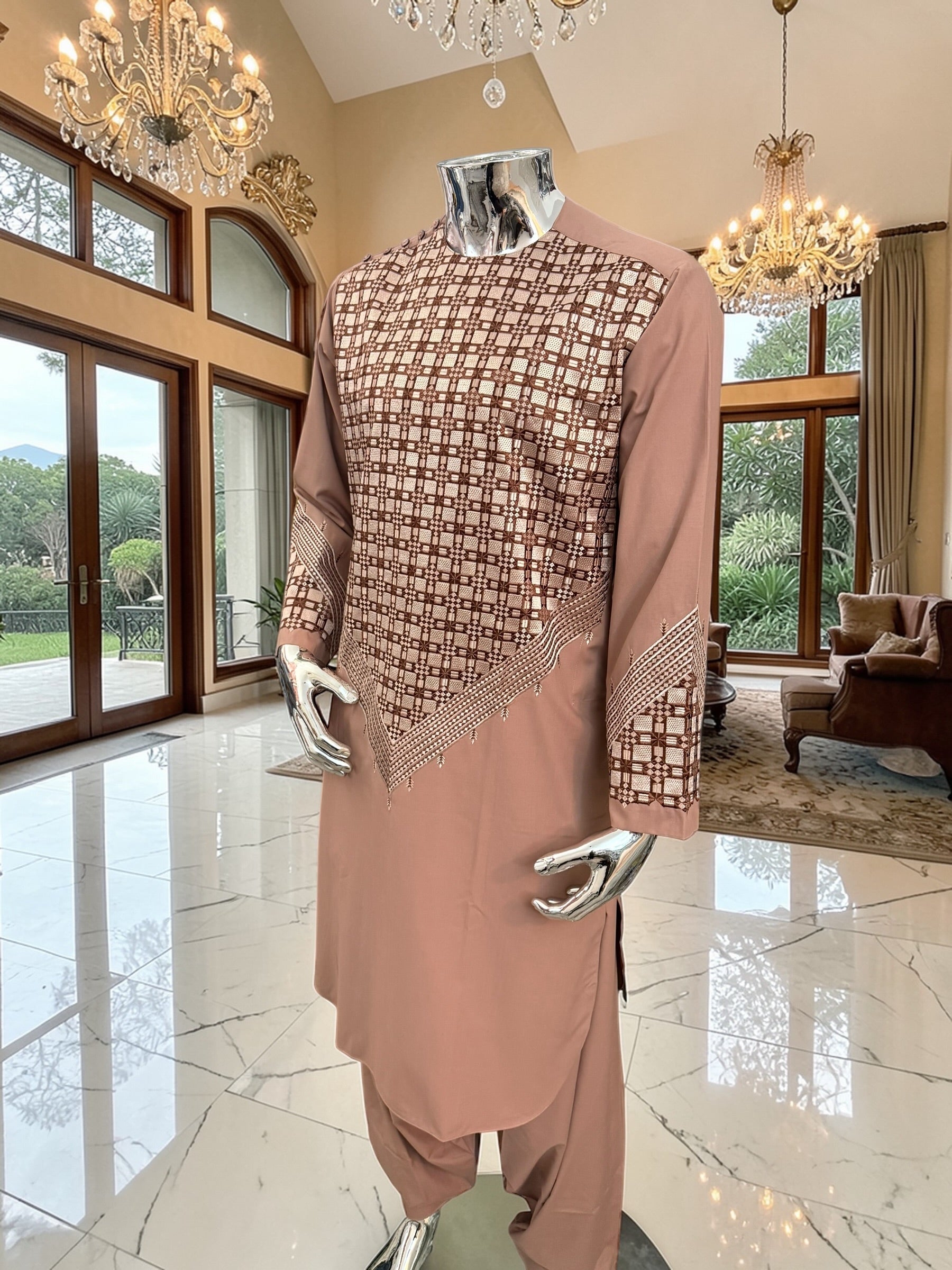 Small Men’s Tan Parahan Tumban with White & Tan Embroidery Afghan Kameese shalwar