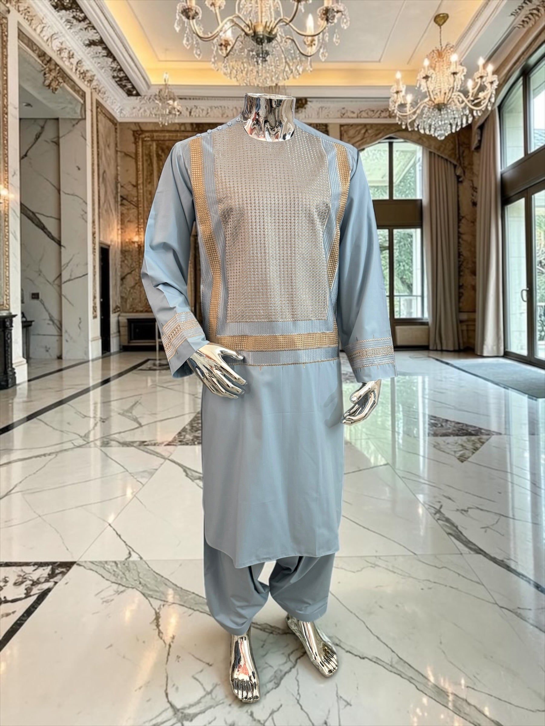 Large Luxury Sky Blue & Gold Embroidered Men’s Afghan Shalwar Kameez Set Yakhandozi – Premium Traditional Outfit