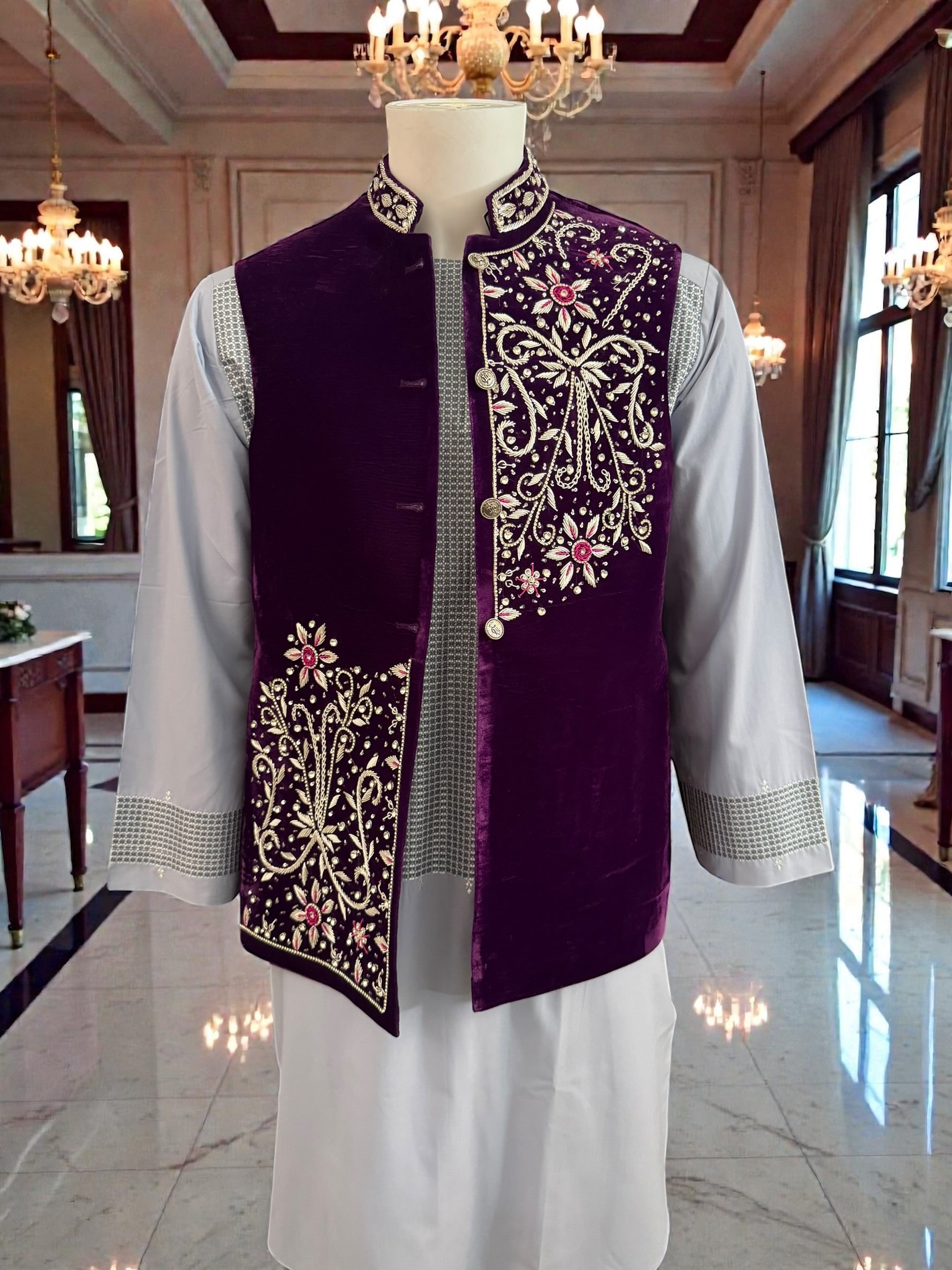 Medium Purple Velvet Men’s Waistcoat – Hand-Embroidered Zari, Dabka & Stonework Medium