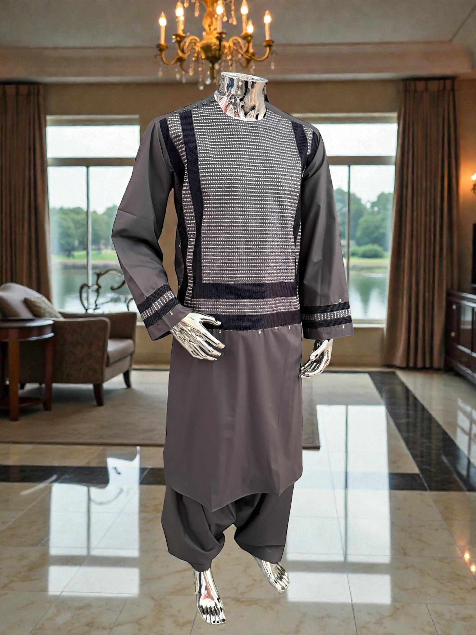Men’s Taupe Parahan Tunban with Matching Embroidery – Afghan Traditional Outfit (Large)