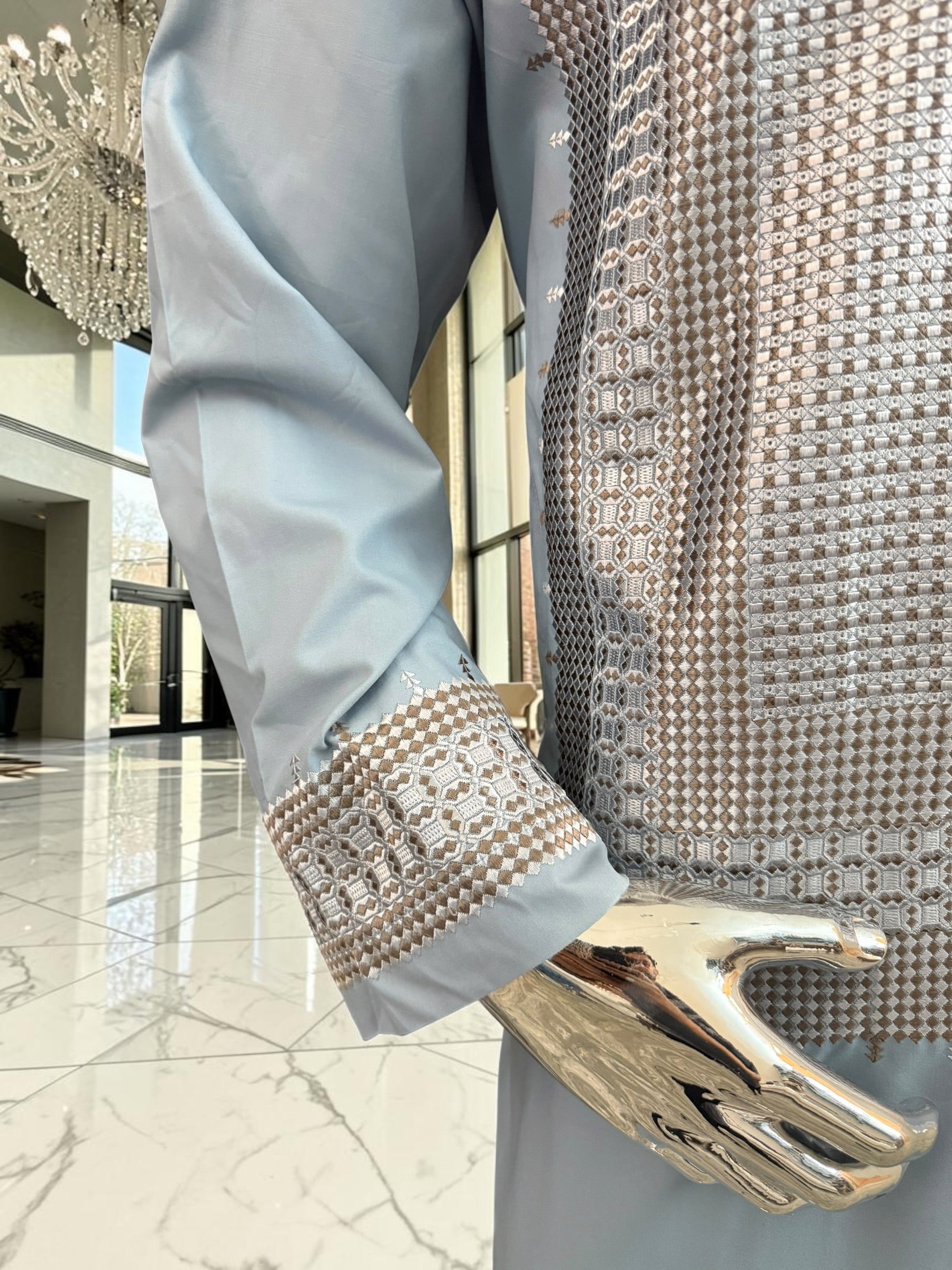 Large Men’s Light Blue Afghan Parahan Tunban with Khamakdozi-Inspired Machine Embroidery 7201