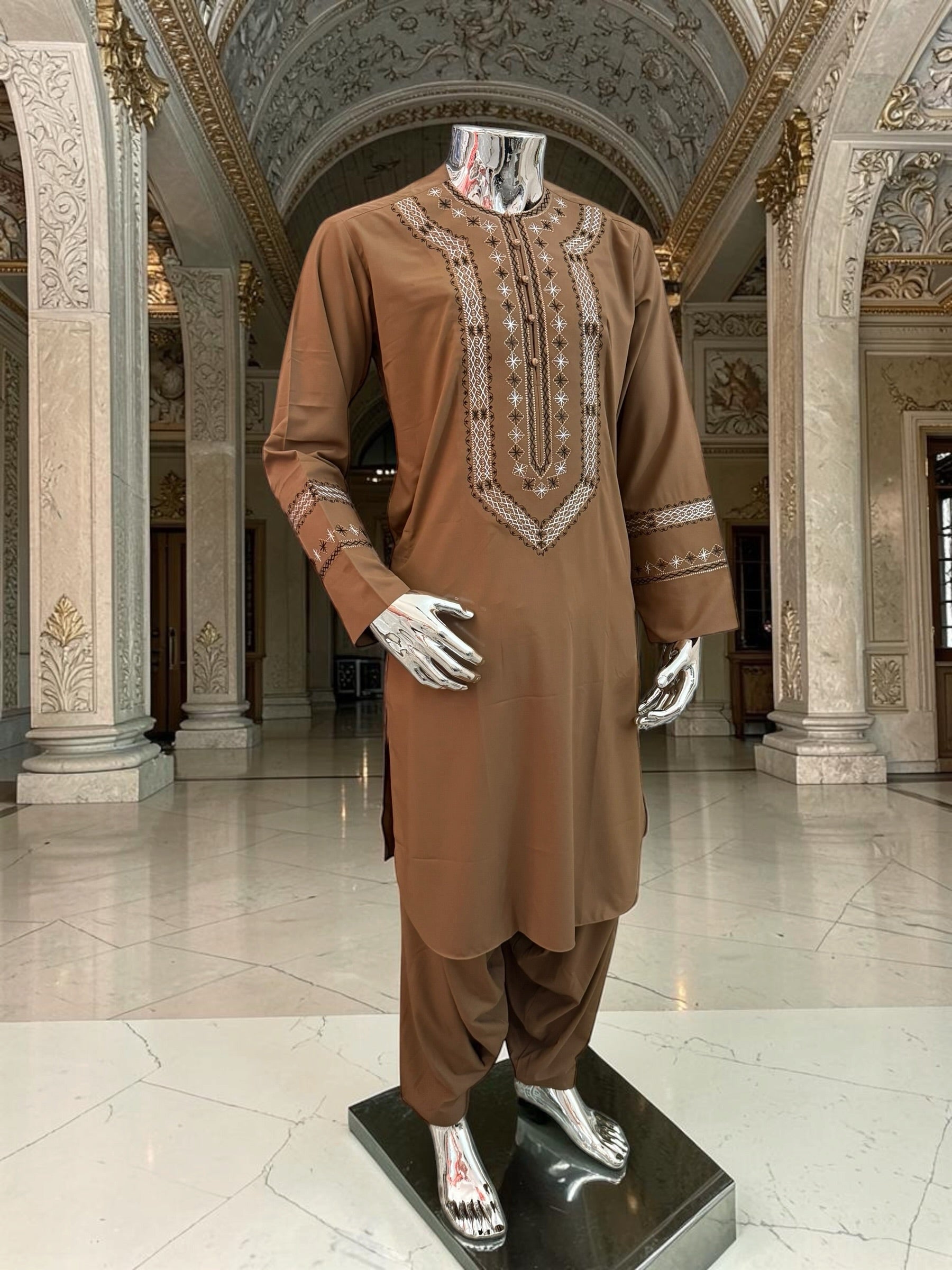 Men’s Brown Hand-Embroidered Afghan Parahan Tunban with Matching Shawl in Small, Medium, or Large
