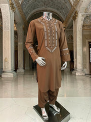 Men’s Brown Hand-Embroidered Afghan Parahan Tunban with Matching Shawl in Small, Medium, or Large