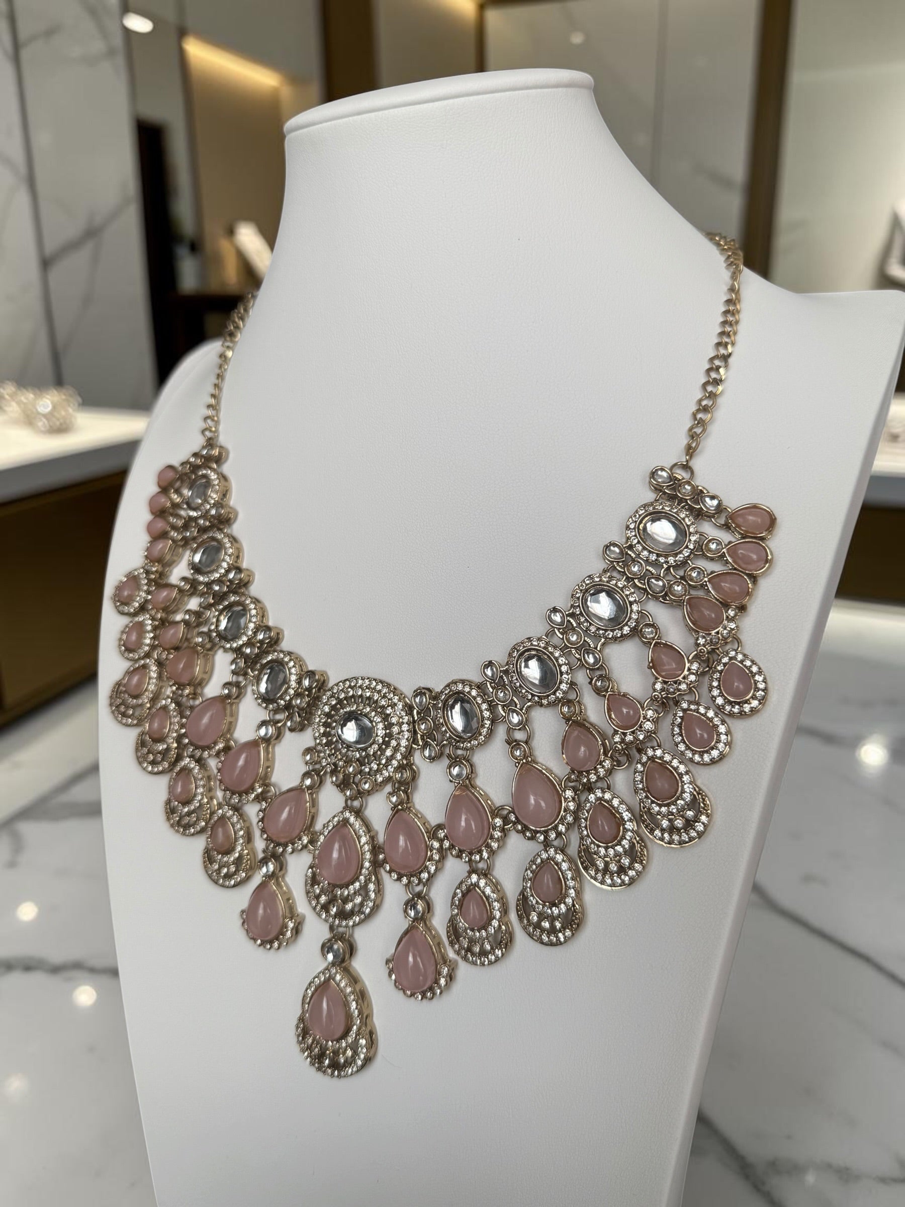 Blush Pink Kundan Half Bridal Jewelry Set – 6-Piece Necklace, Earrings, Sheeshphool, Nath & Adjustable Rings 6058