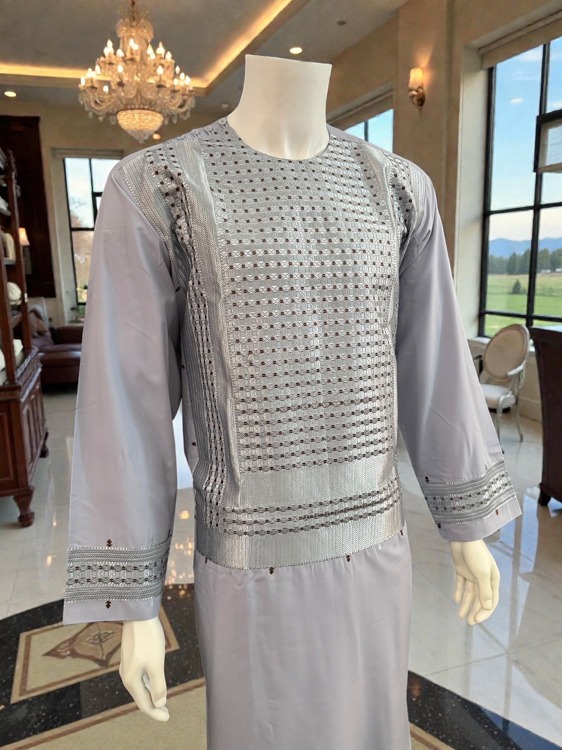 XL Afghan Men’s Kameez – Pale Lilac with Silver & Brown Embroidery | High-Quality Traditional Outfit