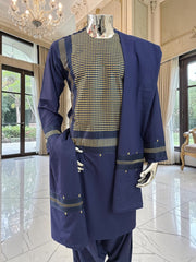 Small Premium Navy Blue Parahan Tunban Set with Gold Machine Embroidery Pattu/chadder