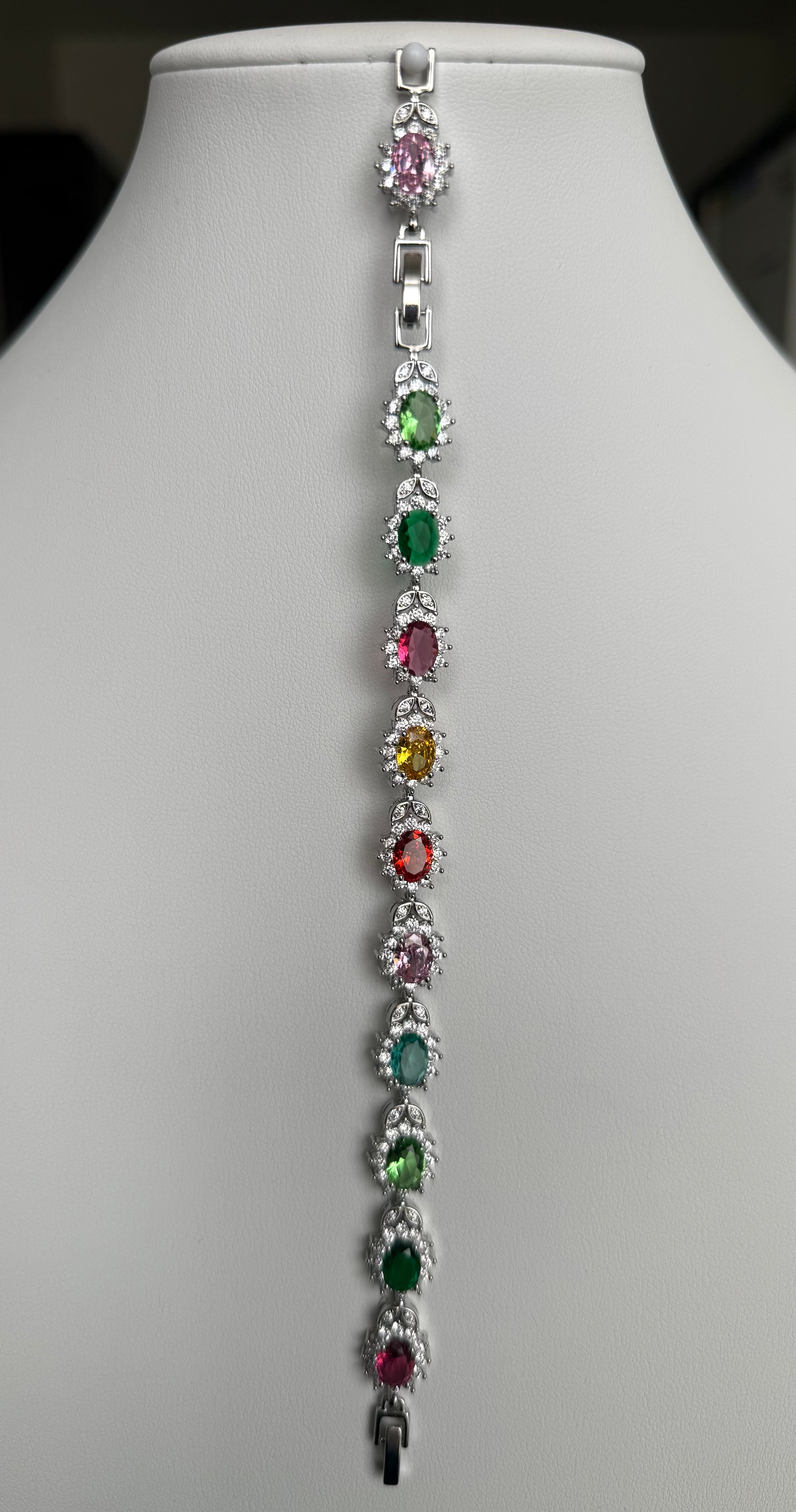 Multicolor Oval-Cut Crystal Halo Link Bracelet – Silver Tone Statement Jewelry 7140