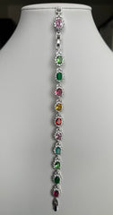Multicolor Oval-Cut Crystal Halo Link Bracelet – Silver Tone Statement Jewelry 7140