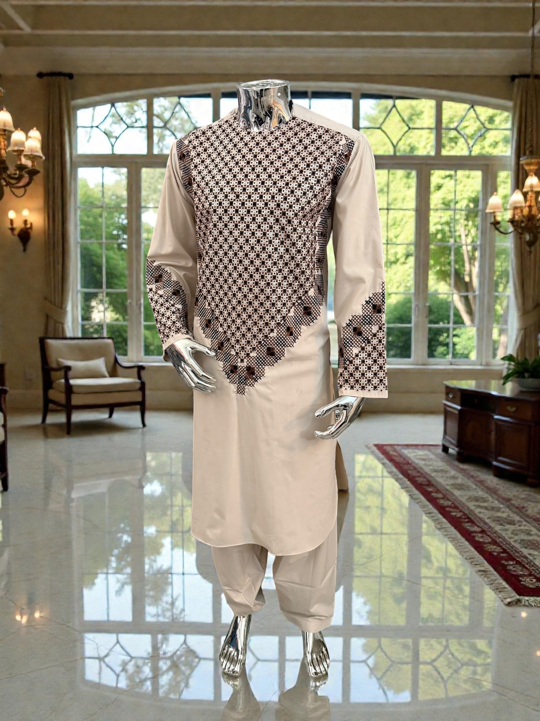 Men’s Cream Kameez with Brown and Black Embroidery – Large  fabric defect special price
