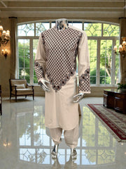 Men’s Cream Kameez with Brown and Black Embroidery – Large  fabric defect special price