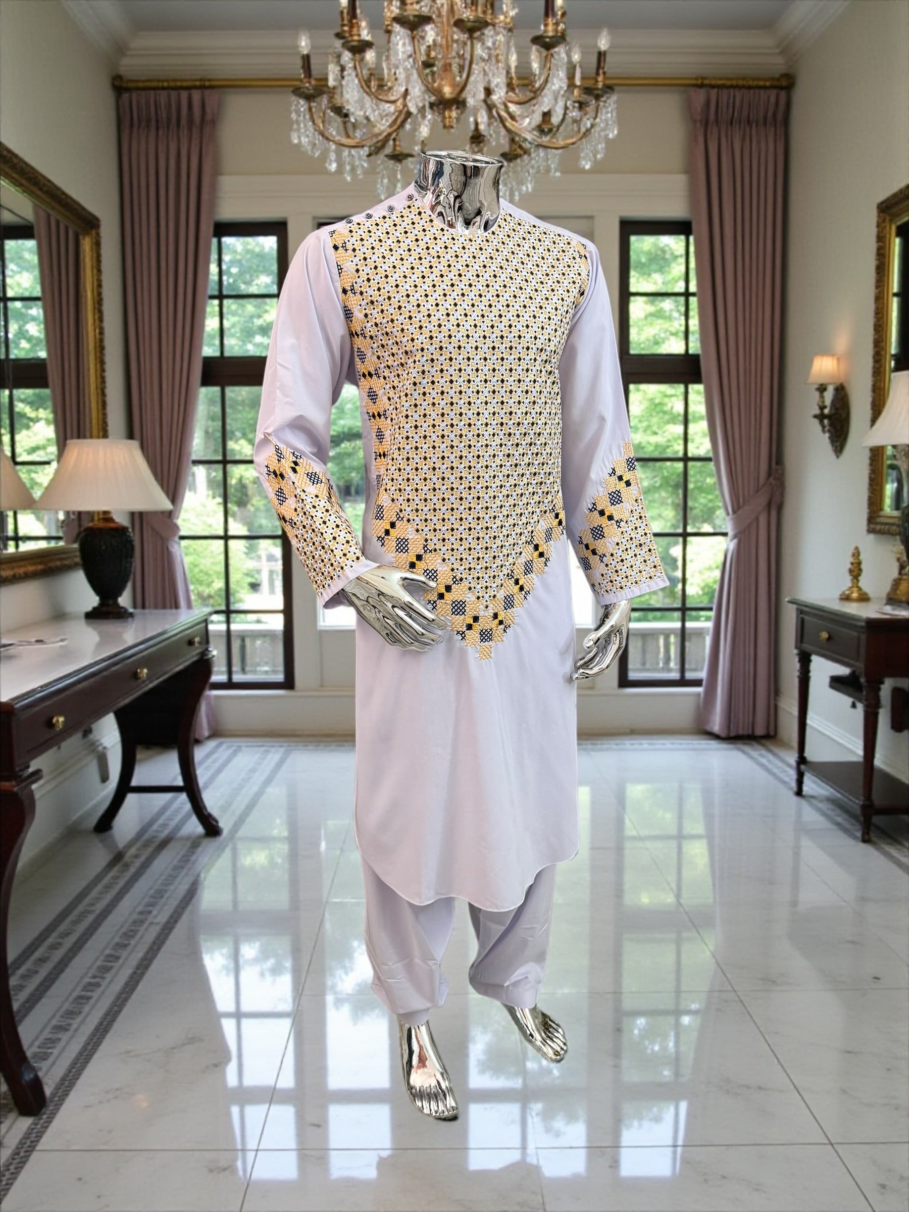 Men’s White Kameez with Gold and Navy Blue Machine Embroidery – Small Tall Size | Afghan Traditional Wear | Luqmaan Boutique