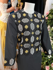 Afghan Parahan Tunban with Machine Khamakdozi Embroidery – Black White Gold – Medium