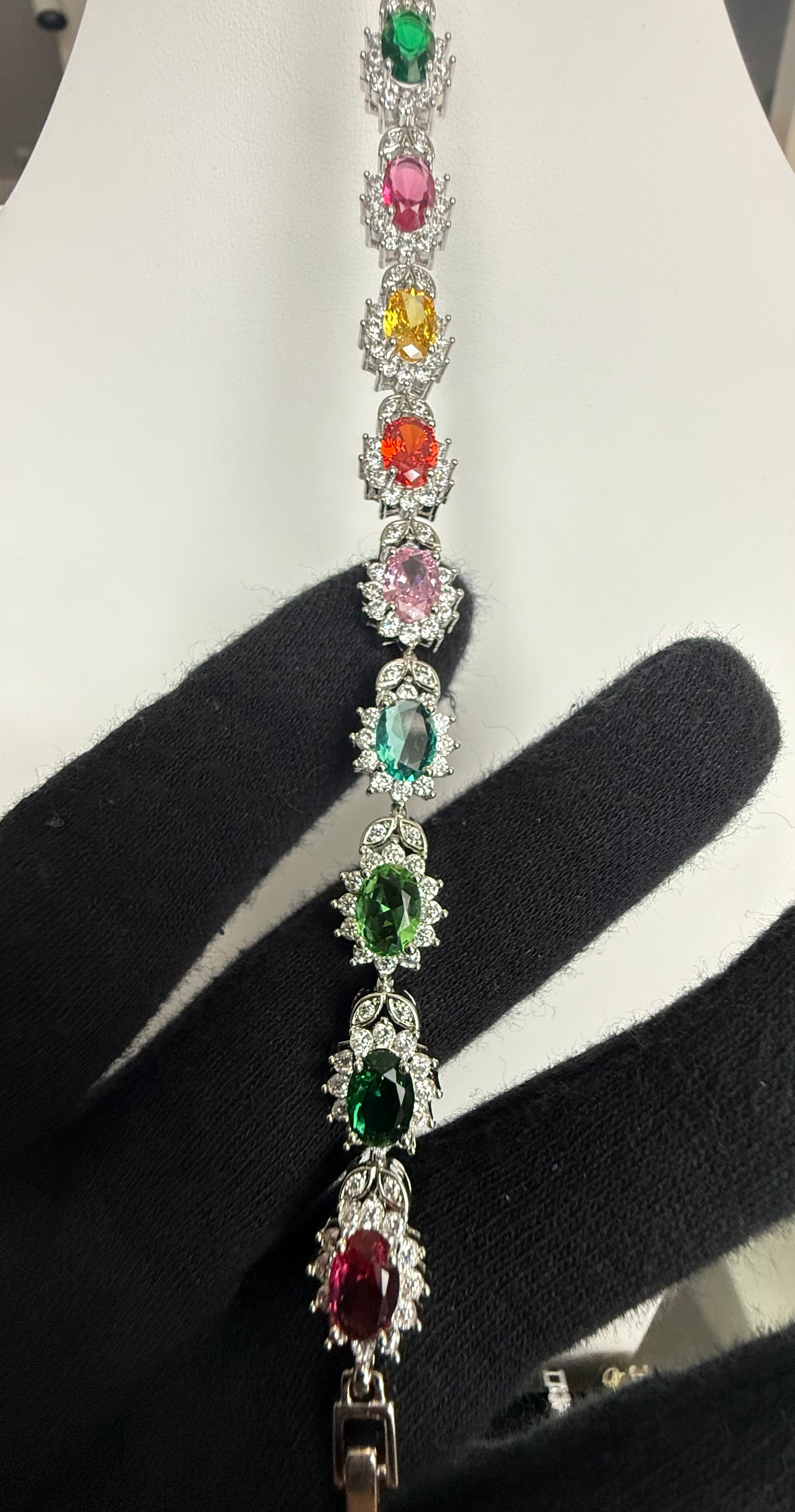 Multicolor Oval-Cut Crystal Halo Link Bracelet – Silver Tone Statement Jewelry 7140