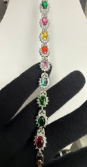 Multicolor Oval-Cut Crystal Halo Link Bracelet – Silver Tone Statement Jewelry 7140