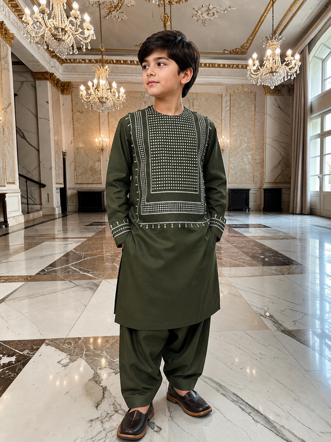 Kids Afghan Parahan Tunban (Shalwar Kameez) – Olive Green Embroidered Traditional Outfit for Boys Design #24