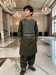 Kids Afghan Parahan Tunban (Shalwar Kameez) – Olive Green Embroidered Traditional Outfit for Boys Design #24