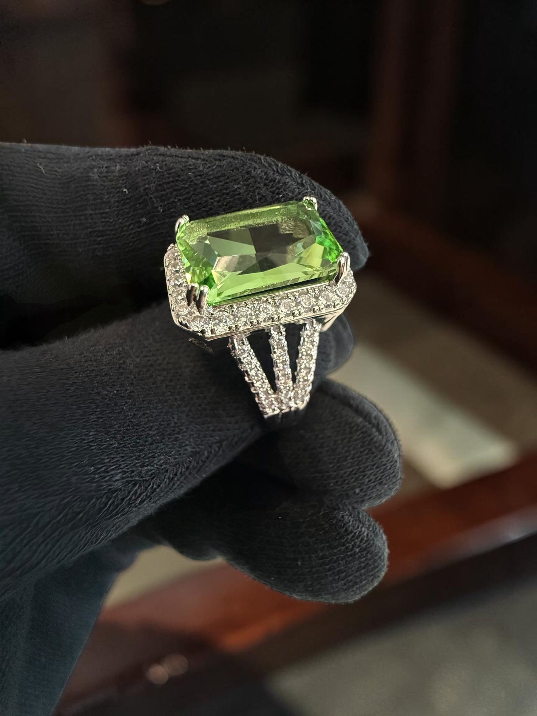 Green Crystal Statement Ring for Women – Silver Plated Halo Cocktail Ring with Split Band GR13