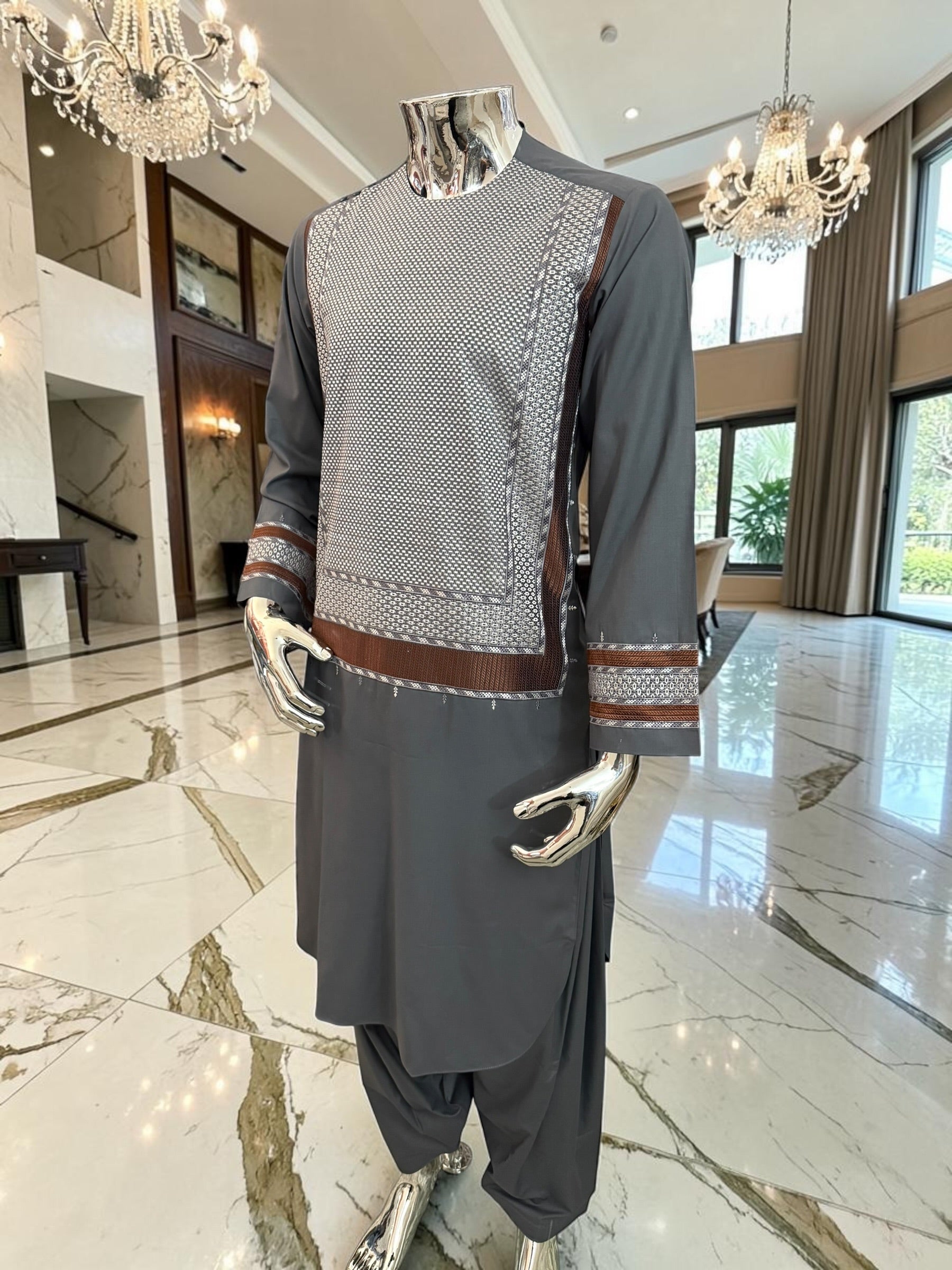 Small Charcoal Grey Men’s Shalwar Kameez Yakhandozi with white & Bronze Embroidery | Premium Traditional Wear