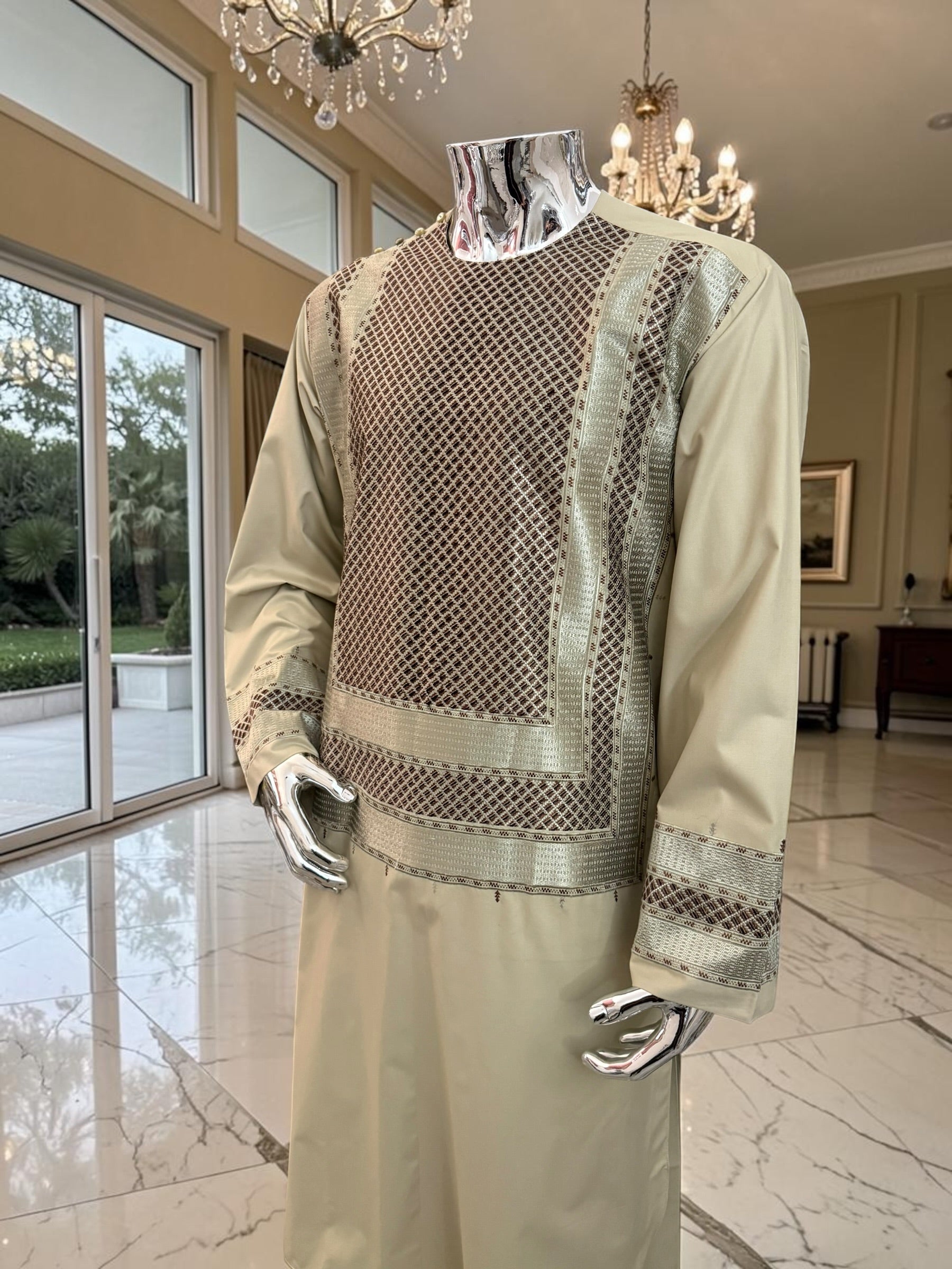 X-Large Men’s Light Khaki Afghan Parahan Tunban Set with Premium Machine Embroidery