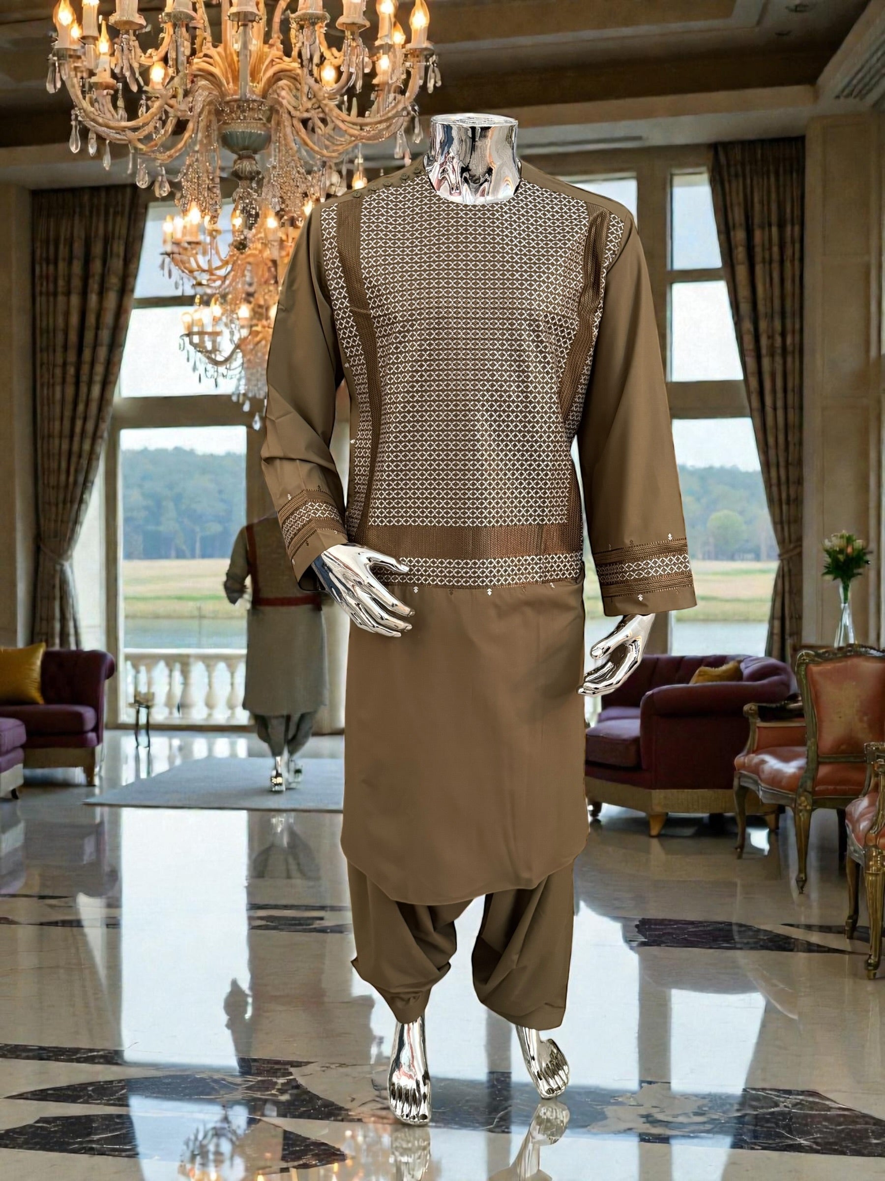 Men’s Camel Brown Parahan Tumban with Matching Embroidery – Afghan Traditional Outfit (Large)