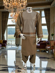 Men’s Camel Brown Parahan Tumban with Matching Embroidery – Afghan Traditional Outfit (Large)