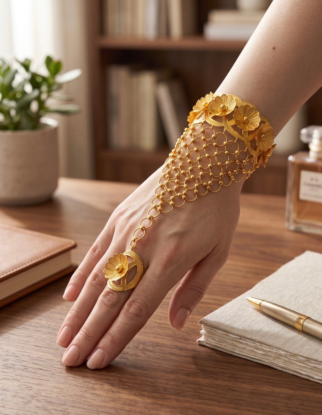24K Gold-Plated Floral Hathphool Hand Jewelry – Bracelet Ring Chain Set for Women 6094